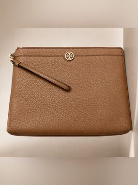 Tory Burch Pebbled Leather Wristlet/Clutch in Brown with Gold-Tone Logo
